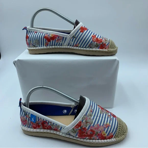 Joules Summer Espadrilles Blue White Stripe & Floral Stretch Crochet Motif UK 7 - Picture 1 of 14